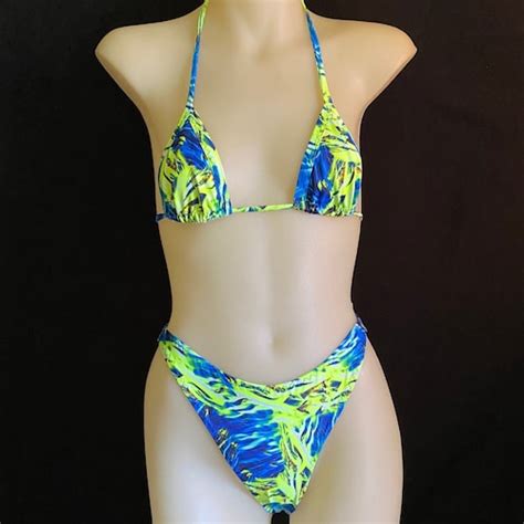 80s 90s Style Abstract High Leg Bikini Set Etsy