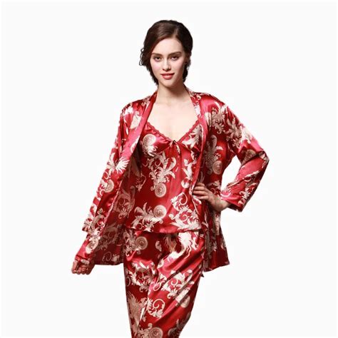 Summer Silk Satin Robe 3 Pcs Pajamas Pants Sets Sex Ladies Sleep Lounge