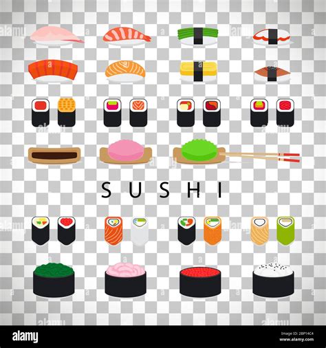 Japanese Food Sushi Set Sushi Flat Icons Vector Isolated On