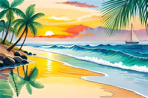 Premium AI Image | A painting of a beach with palm trees and a sunset.