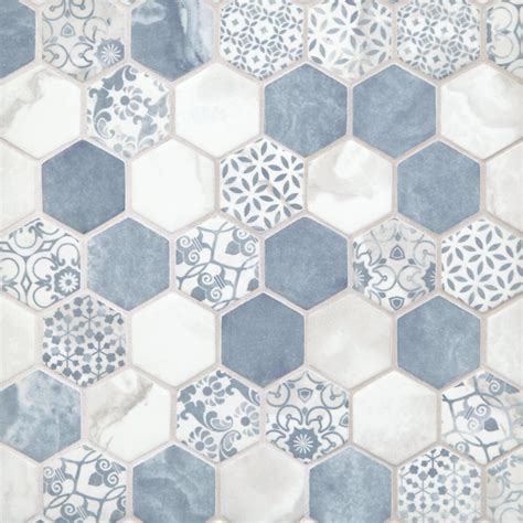 Chateau Blue 2 In Hexagon Recycled Glass Mosaic Blue Bathroom Tile