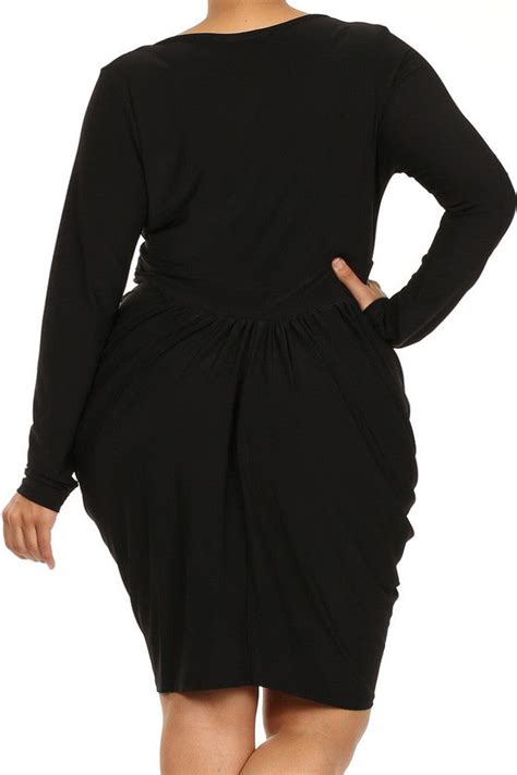 Plus Size Long Sleeve V Neck Bubble Black Dress Plussizefix