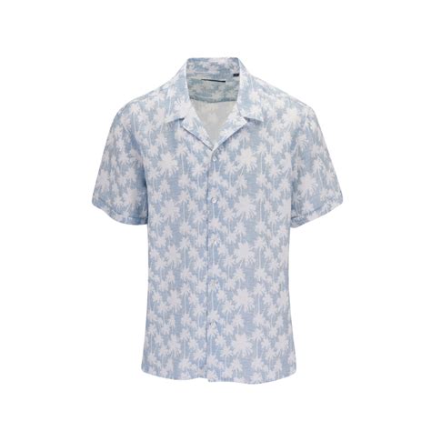 Patrick Assaraf Sky Blue Palm Tree Print Linen Sport Shirt