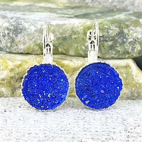 Classic Blue Druzy Drop Earrings For Women Bridesmaid Ts Etsy