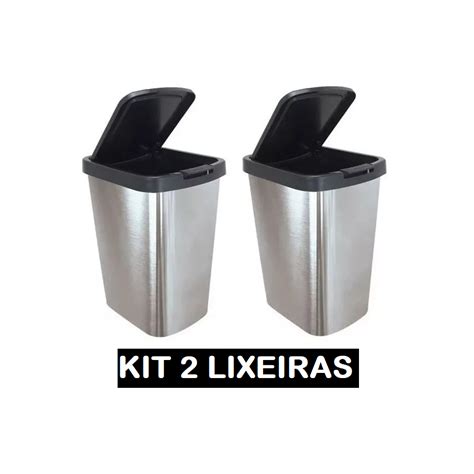 Kit 2 Lixeira Cesto 9 Litros Inox Tampa Click Label Para Cozinha