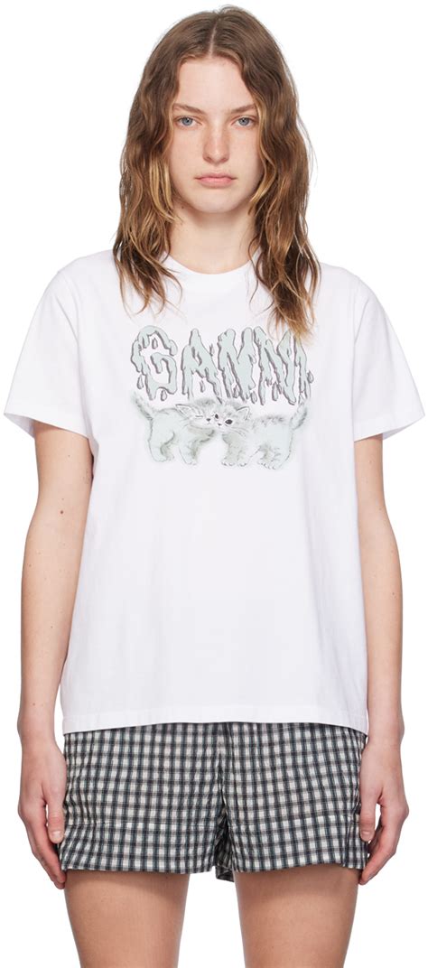 White Love Cats T Shirt By GANNI On Sale