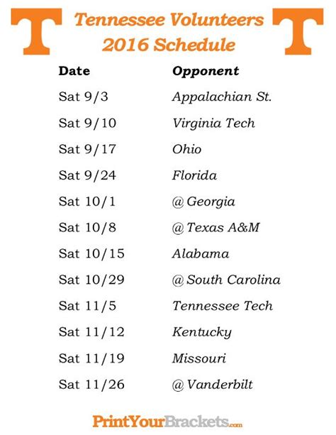 Tennessee Vols Football Schedule Printable - Printable Word Searches