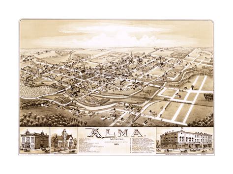 Alma, Michigan map showing the town as it looked in 1885