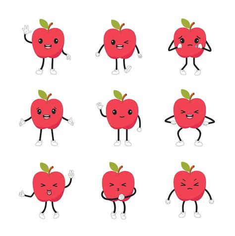 Emoticon Apple In Stile Kawaii In Diverse Pose Collezione Di Personaggi