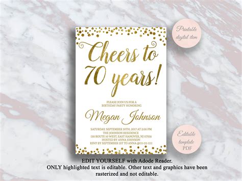 Editable 70th Birthday Invitation Cheers To 70 Years Gold Etsy