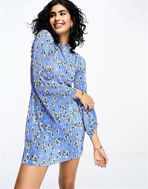 Asos Design Mini Plisse Dress With Flared Sleeve In Blue Ditsy Asos