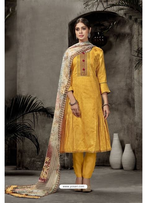 Buy Yellow Pure Jam Silk Straight Suit Straight Salwar Suits