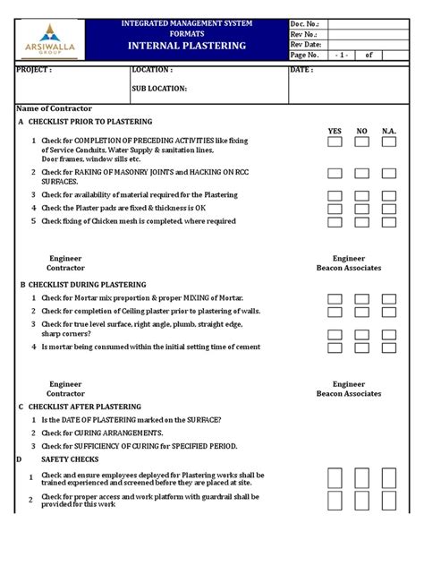 Qaqc Checklist Internal Plastering Structural Engineering