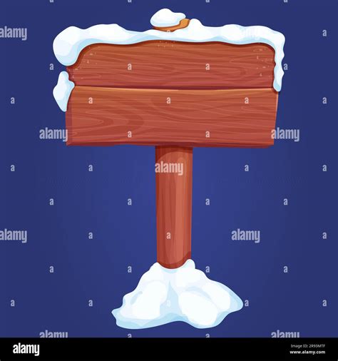 Old Wooden Blank Signboard With Snow In Cartoon Style Empty Frame