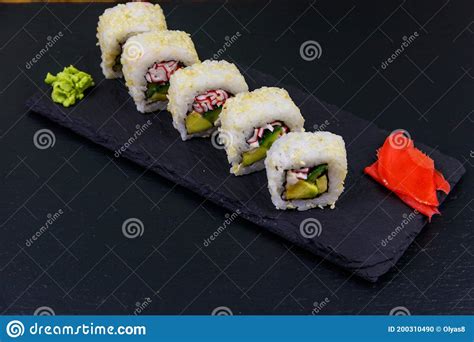 Uramaki Sushi Rolls with Surimi on Black Slate Stock Photo - Image of prepared, food: 200310490