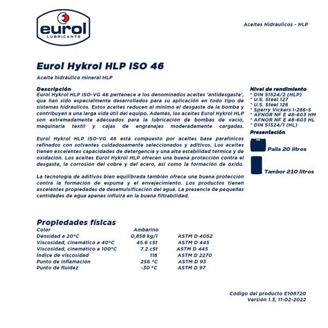 ACEITE HIDRÁULICO MINERAL EUROL HYKROL HLP ISO VG 46 210L Procura Center