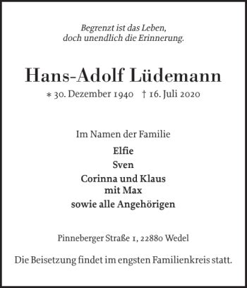 Traueranzeigen von Hans Adolf Lüdemann sh z Trauer