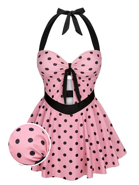 Pink 1950s Halter Polka Dots One Piece Swimsuit Retro Stage