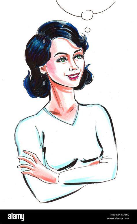 Pretty Brunette Woman Dreaming Ink And Watercolor Illustration Stock Photo Alamy