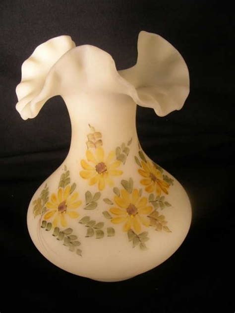 96 Fenton Satin Glass Hand Painted Ruffled Vase