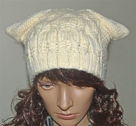 New Womens Pussy Cat Ears Winter Beanie Hat Soft Wool Hand Knitted