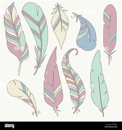 Cartoon Tribal Feather Vector Clip Art Bird Pastel Doodle Sketch Stock