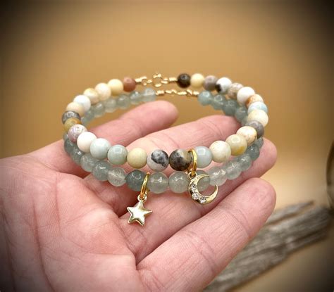 Moon And Star Beaded Charm Bracelet Set Etsy