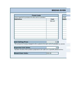 Fillable Online Break Even Analysis ExcelBreak Even Analysis Template