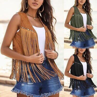 Women Fringe Vest Faux Suede Open Front Vintage Vest Sleeveless S