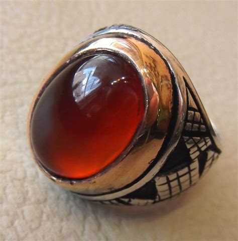 Aqeeq Carnelian Agate Cabochon Oval Red Stone Sterling Silver