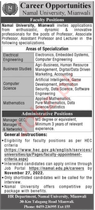 Namal University Jobs 2022 In Mianwali 2023 Job Advertisement Pakistan