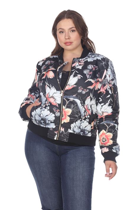 White Mark Womens Plus Size Floral Bomber Jacket