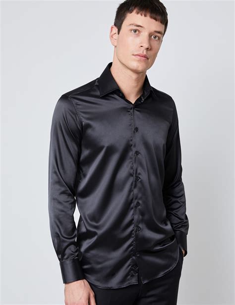 Mens Curtis Black Satin Slim Fit Stretch Shirt Single Cuff Hawes