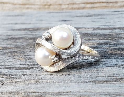 Vintage 14K Double Pearl & Diamond Ring - Etsy