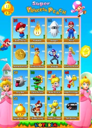 Lotería Princesa Peach Mario Bros 20 Tablas Imprimible Pdf Cuotas sin