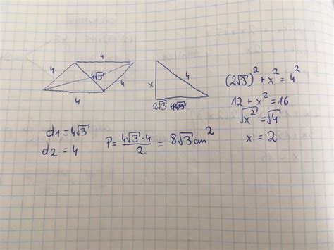 oblicz pole rombu o przekątnej długości 4 pierwiastek z 3 i boku