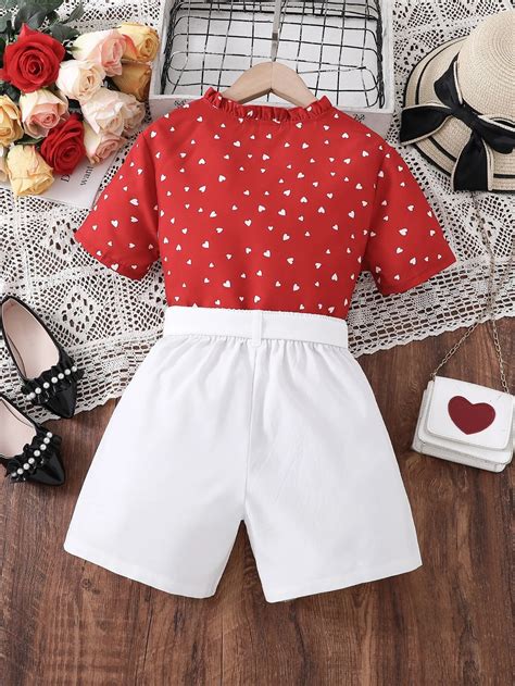 Girls Heart Print Frill Trim Notched Neck Blouse Belted Shorts