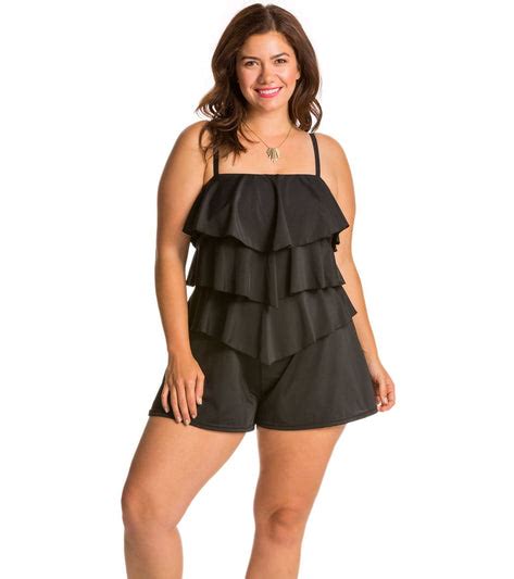 Fit4u Swimwear Plus Size Solid Tiered Swim Romper At