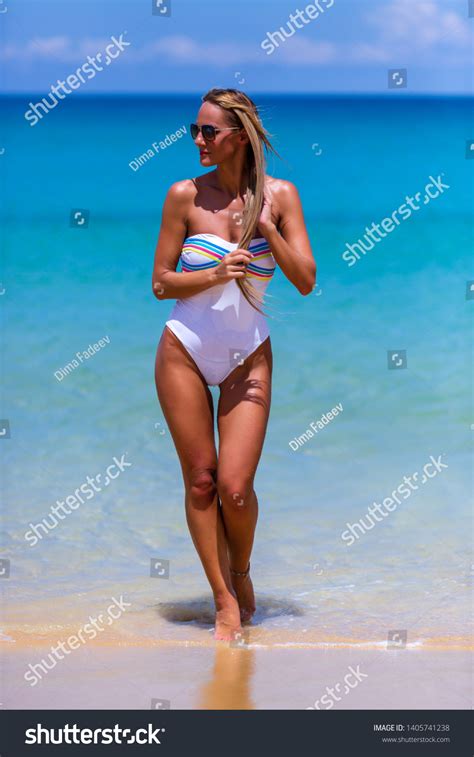 Sexy Slim Woman White Bikini Walking Stock Photo Shutterstock