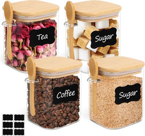 Comsaf 800ml Glass Jars With Bamboo Lids And Spoons Set Of 4 Square