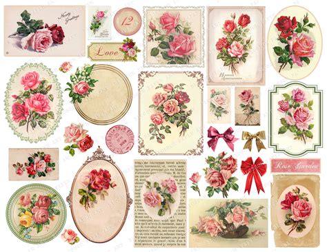 Vintage Ephemera Junk Journal Cards Printable Vintage Roses Etsy