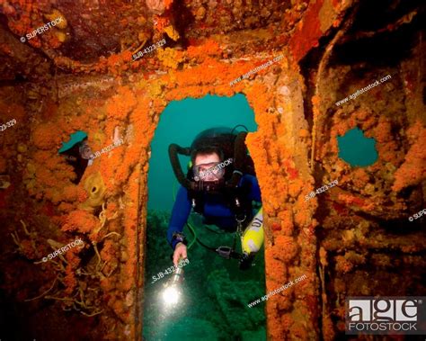 Diver Using Rebreather On Shipwreck Stock Photo Picture And Rights