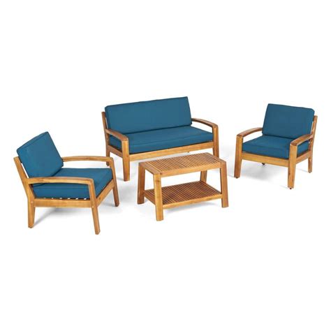 Noble House Grenada Teak Brown 4 Piece Wood Outdoor Patio Conversation