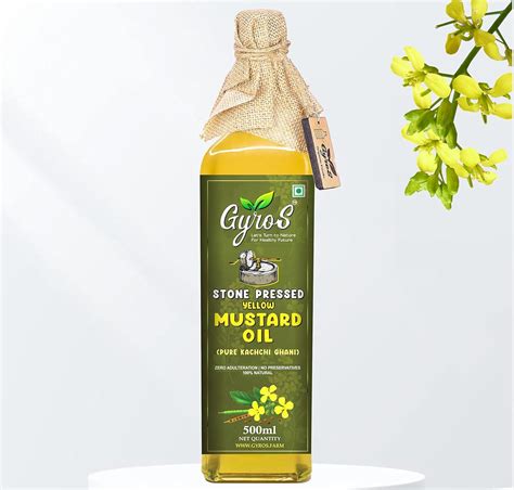 Gyros Farm Cold Pressed Yellow Mustard Oil 500ml Glass Bottle Stone