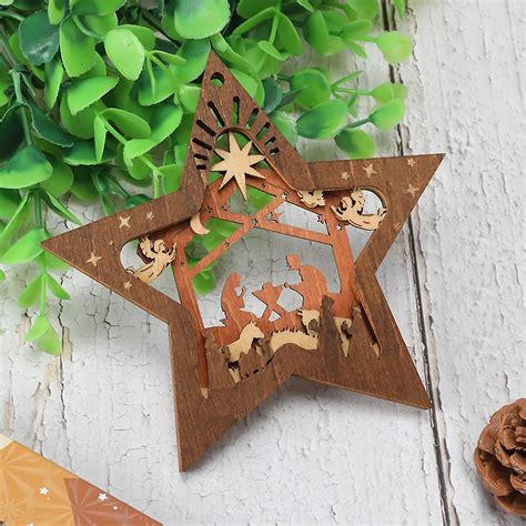 Nativity Scene Ornaments Christmas Wooden Hanging Ornament Star Shaped