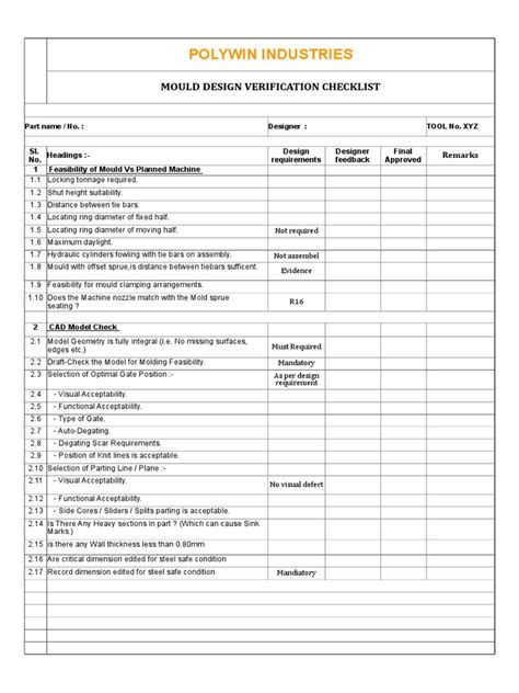 1362 Mould Design Verification Checklistxls Casting Metalworking