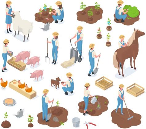 Isometric Gardeners Farmers Work In Garden Vector Image