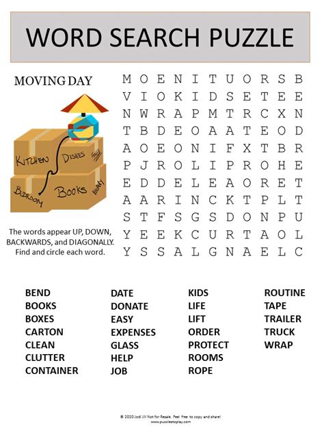 Moving Day Word Search Puzzle - Puzzles to Play