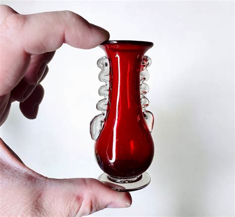 Vintage Mini Hand Blown Ruby Red Vase With Clear Applied Etsy