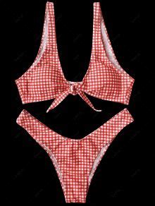 HOT 2018 Front Tie Thong Plaid Bikini Set In RED AND WHITE S ZAFUL